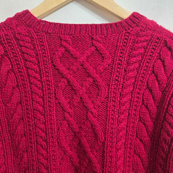 J.Crew Womens Vtg Red Fisherman 100% Wool Chunky Heavy Hand Knit Cable Sweater M - Picture 7 of 11